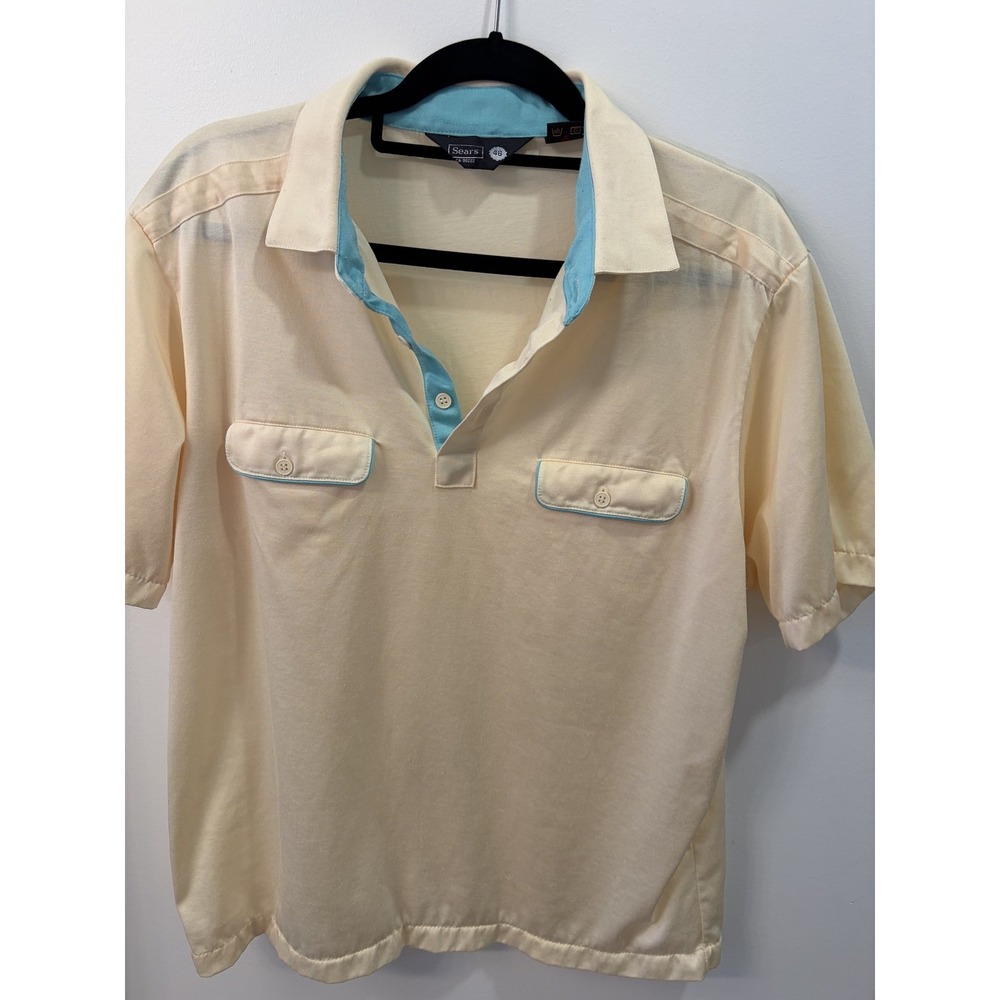 Vintage Sears Men's Polo Shirt 70s 80s Pale Yellow Teal Short Sleeve Collared